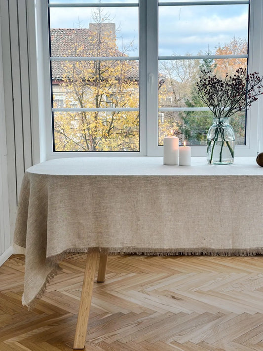 Raw edge linen tablecloth in gray melange with fringes/stylish heavyweight linen tablecloth/linen farm style tablecloth/free shipping