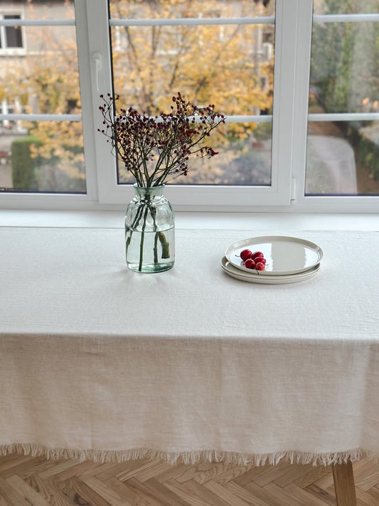 Raw edge washed linen tablecloth in off white with fringes/stylish heavyweight linen tablecloth/linen farm style tablecloth/free shipping