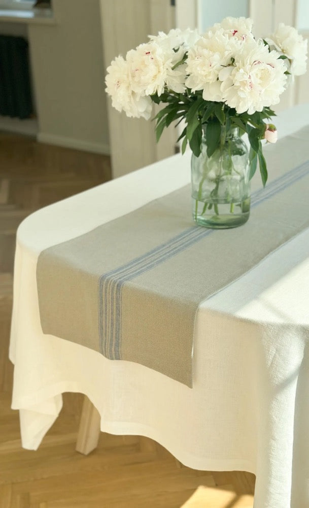 Heavyweight linen table runner in rustic black, blue and red stripes/grain sack linen table runner/natural linentable decor