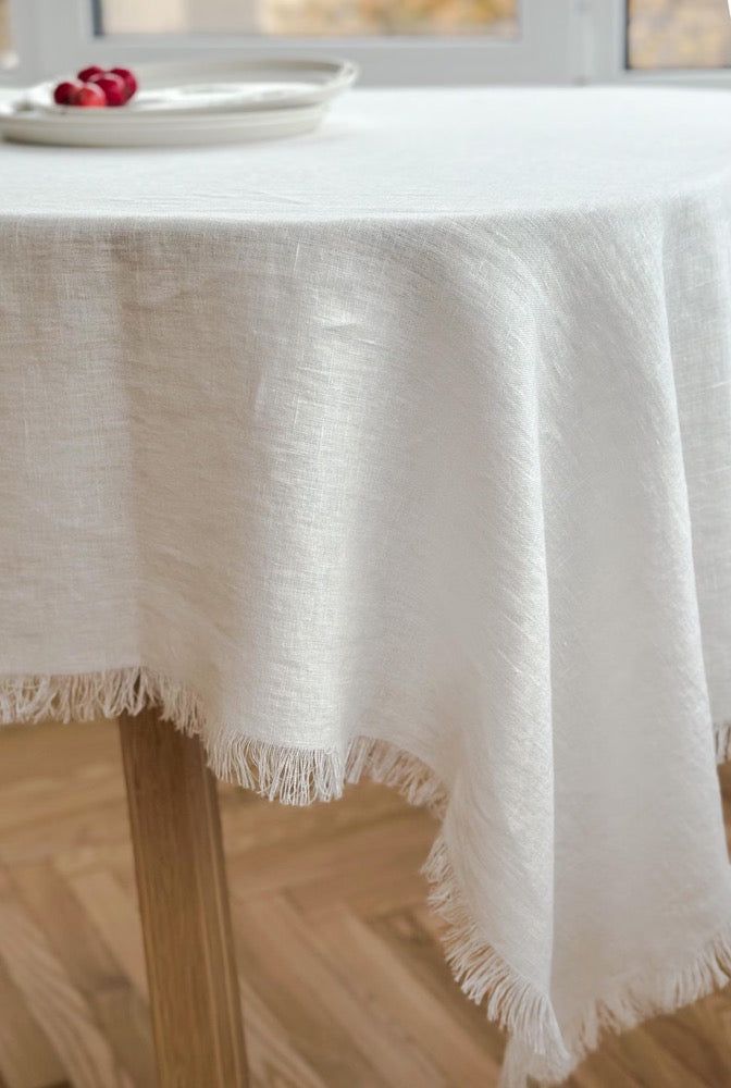 Raw edge washed linen tablecloth in off white with fringes/stylish heavyweight linen tablecloth/linen farm style tablecloth/free shipping