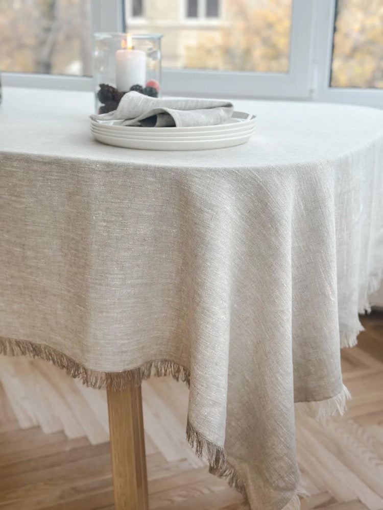 Raw edge linen tablecloth in gray melange with fringes/stylish heavyweight linen tablecloth/linen farm style tablecloth/free shipping