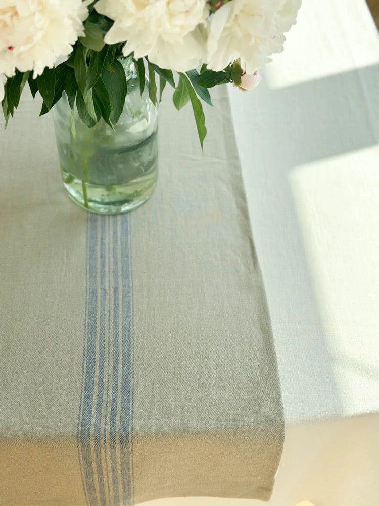 Heavyweight linen table runner in rustic black, blue and red stripes/grain sack linen table runner/natural linentable decor