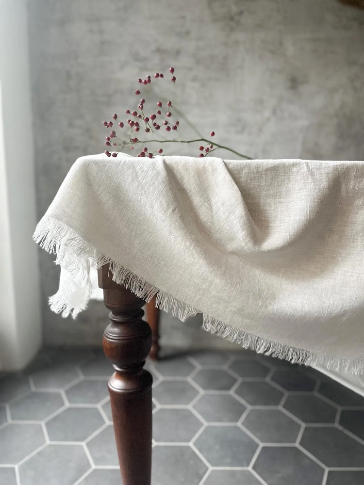 Raw edge washed linen tablecloth in off white with fringes/stylish heavyweight linen tablecloth/linen farm style tablecloth/free shipping