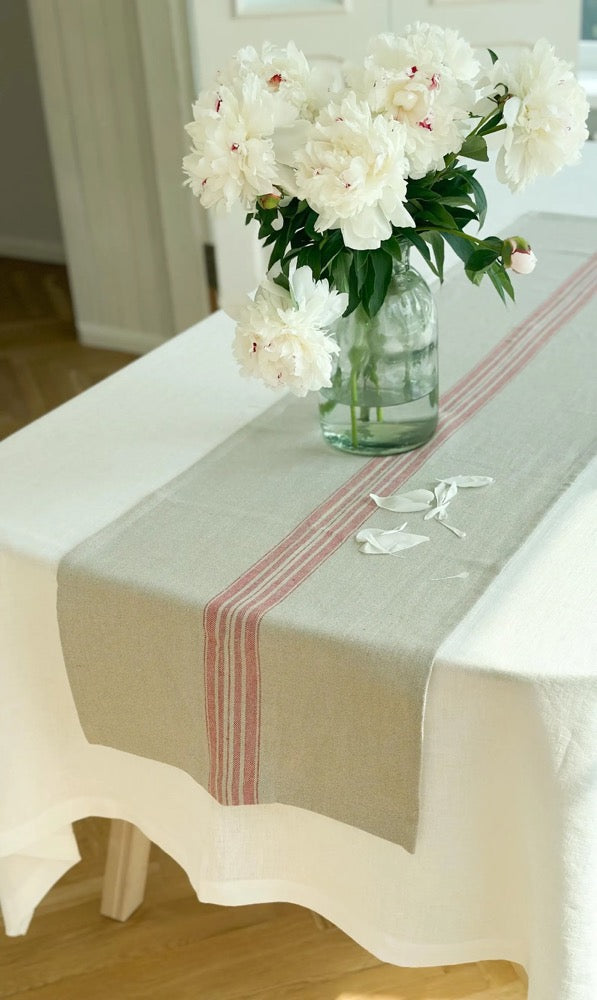 Heavyweight linen table runner in rustic black, blue and red stripes/grain sack linen table runner/natural linentable decor