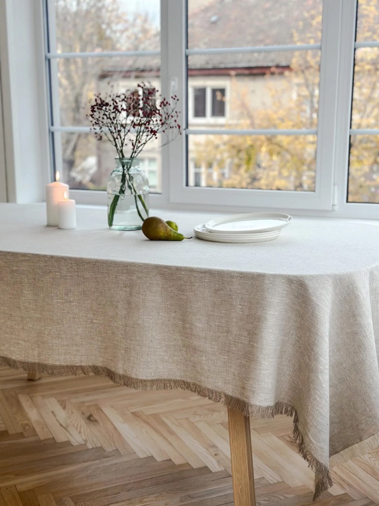 Raw edge linen tablecloth in gray melange with fringes/stylish heavyweight linen tablecloth/linen farm style tablecloth/free shipping