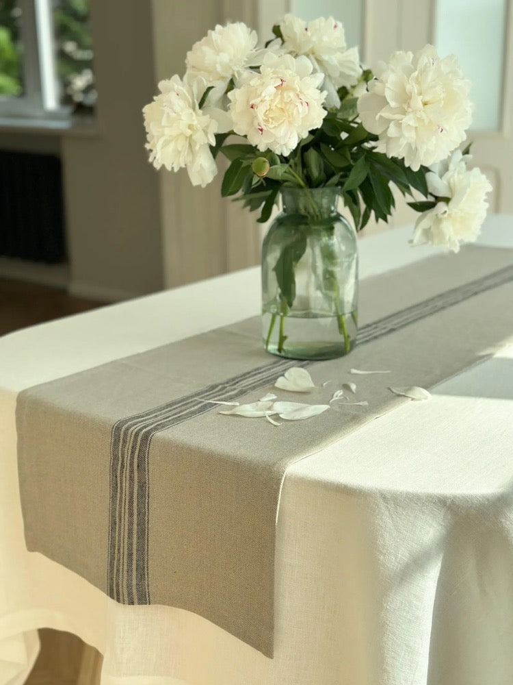 Heavyweight linen table runner in rustic black, blue and red stripes/grain sack linen table runner/natural linentable decor