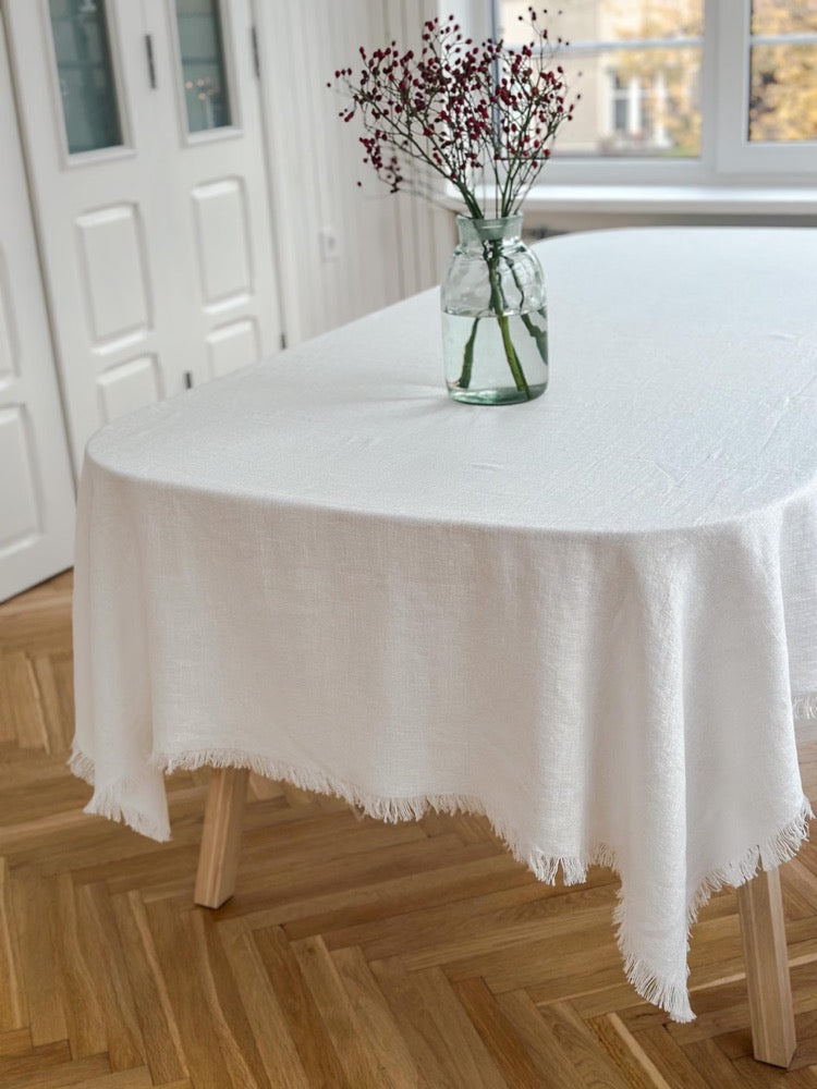 Raw edge washed linen tablecloth in off white with fringes/stylish heavyweight linen tablecloth/linen farm style tablecloth/free shipping