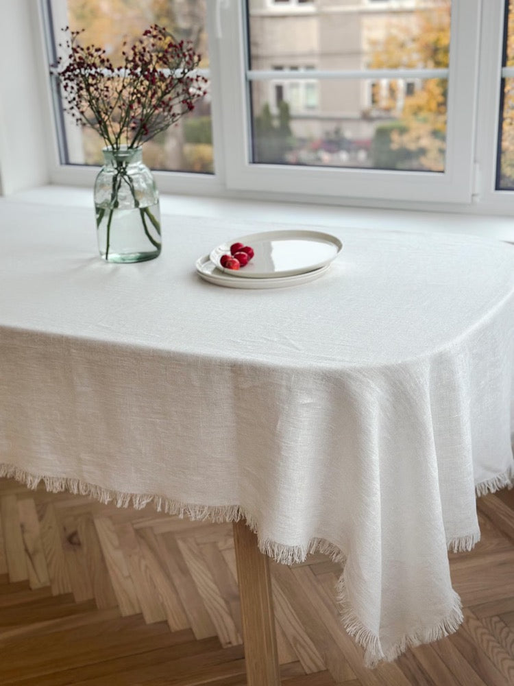 Raw edge washed linen tablecloth in off white with fringes/stylish heavyweight linen tablecloth/linen farm style tablecloth/free shipping