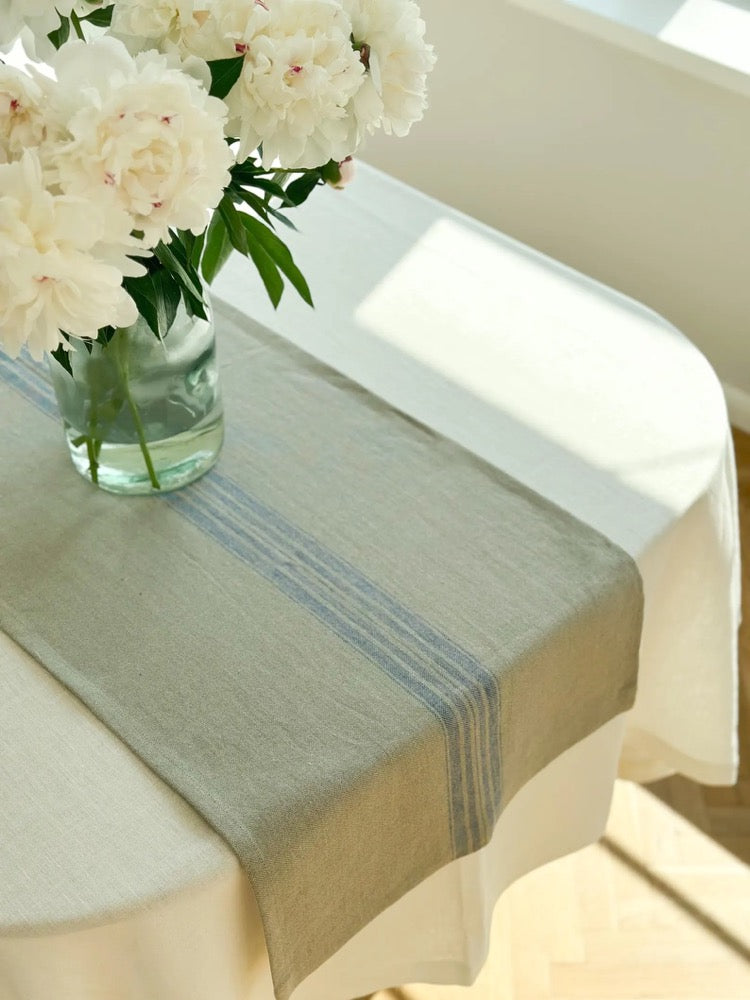 Heavyweight linen table runner in rustic black, blue and red stripes/grain sack linen table runner/natural linentable decor