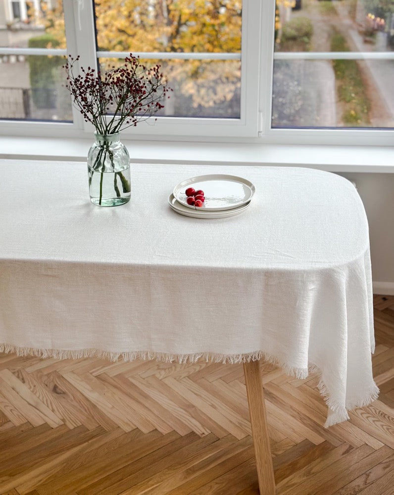 Raw edge washed linen tablecloth in off white with fringes/stylish heavyweight linen tablecloth/linen farm style tablecloth/free shipping