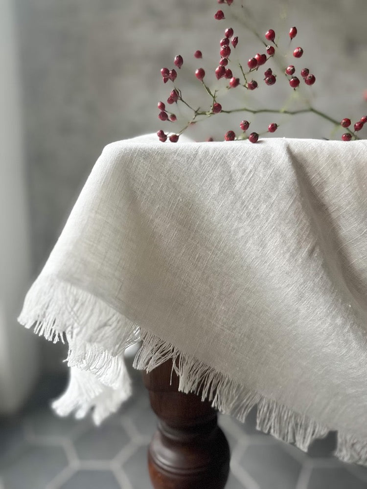 Raw edge washed linen tablecloth in off white with fringes/stylish heavyweight linen tablecloth/linen farm style tablecloth/free shipping